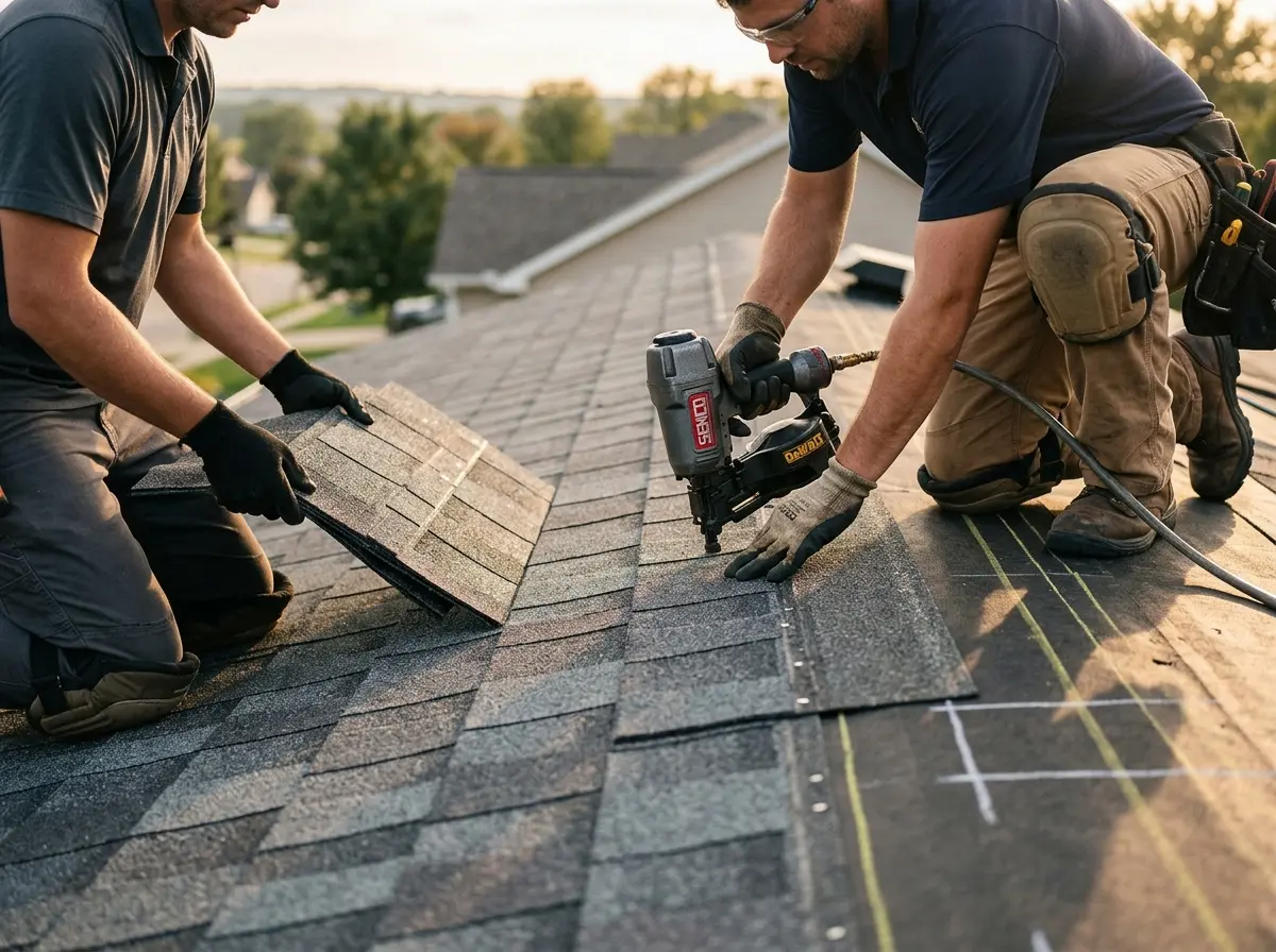 Professional roofer working on a residential roof in South Union